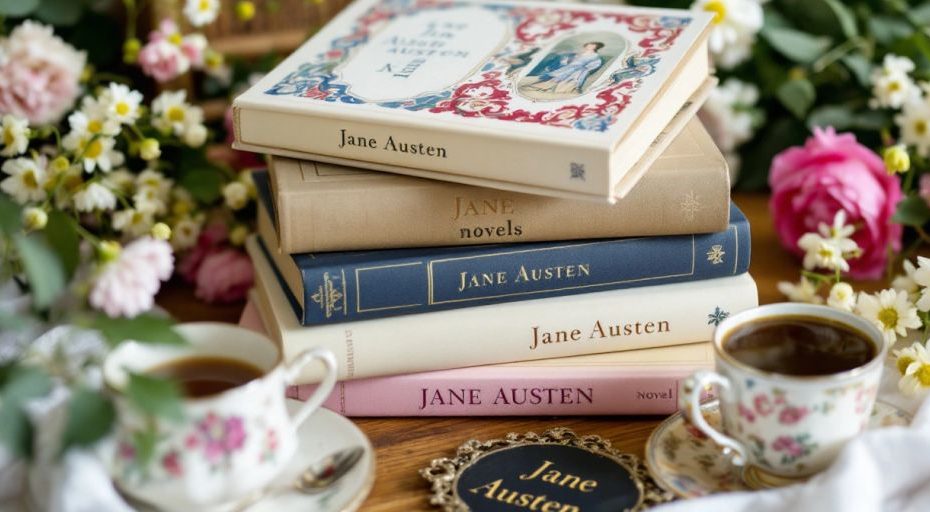 Coleção de livros de Jane Austen em uma mesa