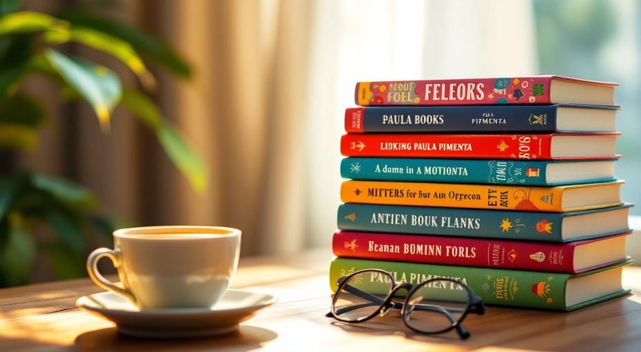 Pilha de livros coloridos sobre uma mesa de madeira